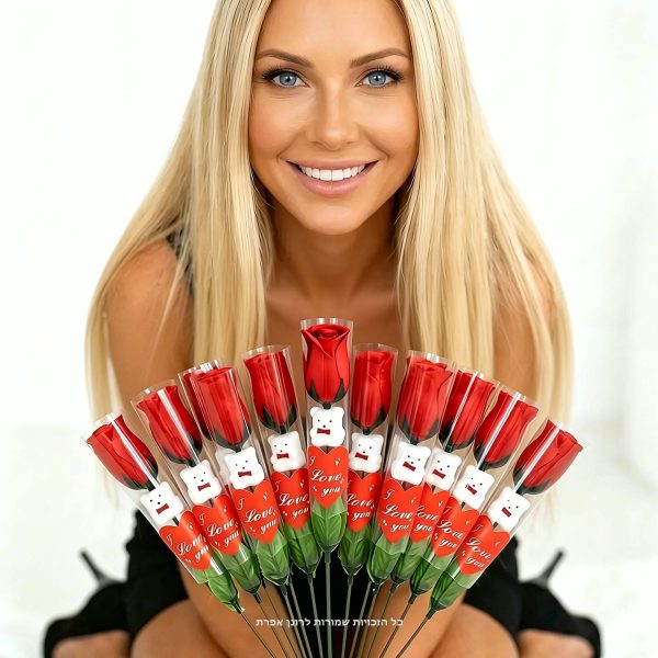 10 פרחים מלאכותיים רומנטיים עם דובון בכל פרח